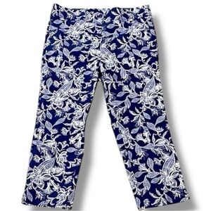 RAFAELLA Size 12 Navy/White Flat Front Pull On Cropped/Ankle Pants